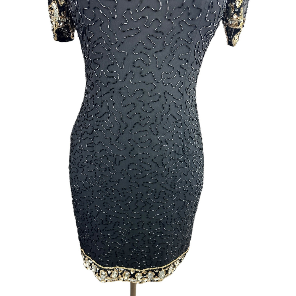 *Flawed A.J. Bari Black Silk Beaded Cocktail Dress Short Sleeve Sequins Size 10 - Picture 4 of 16